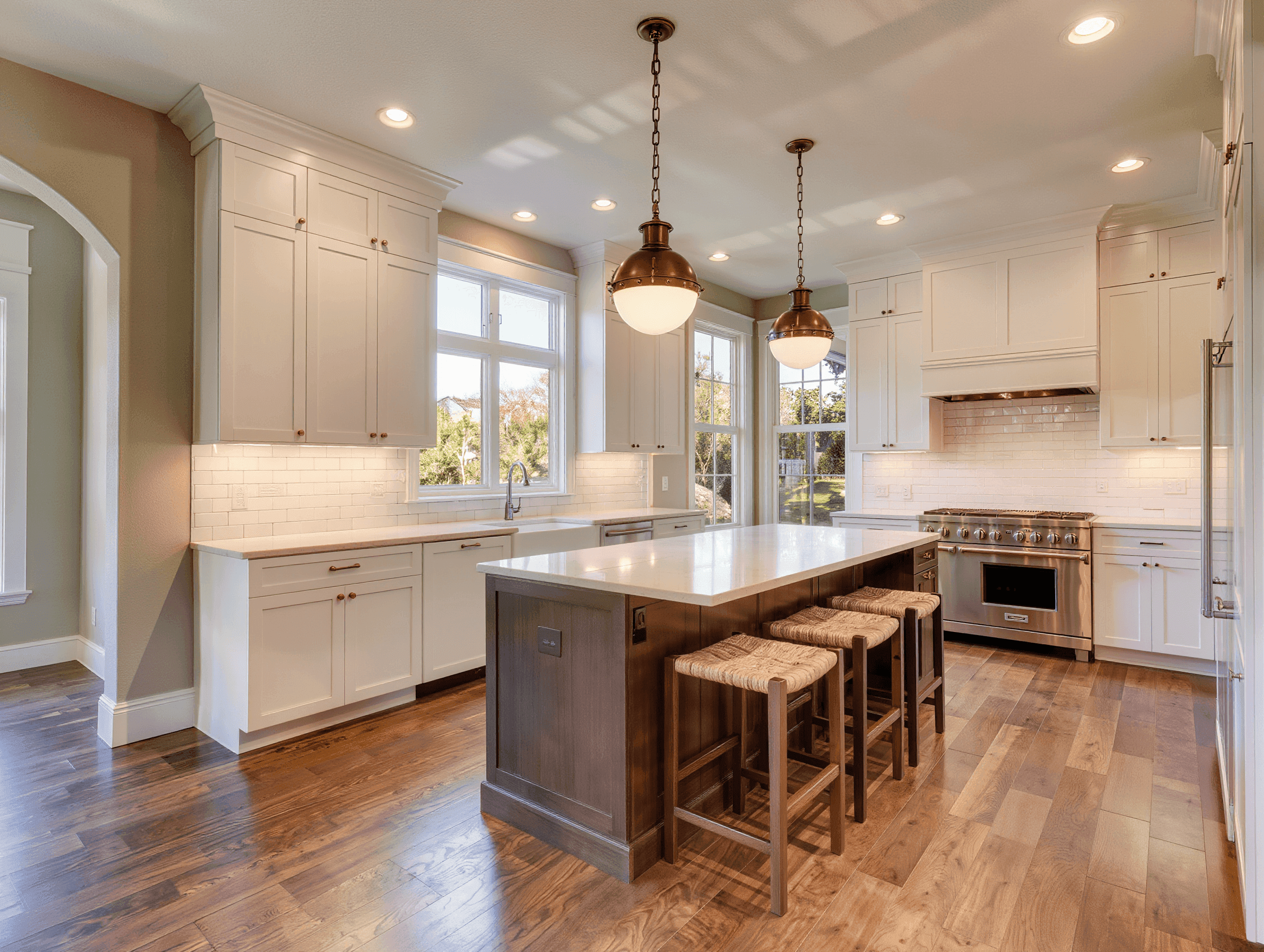 California kitchen with shaker cabinetry, walnut island, brass pendants
