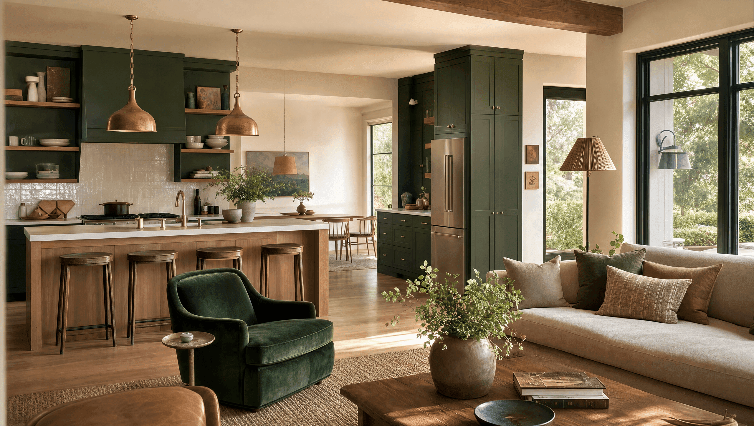 Warm California home interior — open kitchen and living space with white oak beams, natural light, and refined finishes